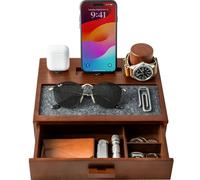 Holme & Hadfield Premium Wooden Phone Docking Station with Drawer - Nightstand Organizer for Charging Phone & Earbuds - Declutter Your Space with Felt-Lined Protection & Watch Pillar - Gift For Men