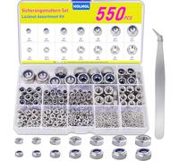 HOLMOL 550PCS Nylock Nuts Assortment DIN985 & Hex Nuts DIN934, 9 Sizes Stainless Steel Hexagon Nut Assorted and Self Locking Nut Assortment for Bolts, Washers, Screws