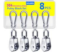 HOLMOL Single Pulley Block Set 8PCS, 304 Stainless Steel M20 Lifting Pulley Wheel with M6 Spring Snap Hooks, 360° Swivel Heavy Duty Rope Rollers for Ropes Bear-Loading up to 75KG