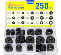 HOLMOL Washers 250PCS, Black Flat Penny Washers, Stainless Steel Washer for Screws & Bolts with 15 Sizes M3 M4 M5 M6 M8 M10 M12, Flat Metal Washer Assorted
