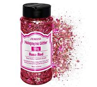 Holographic Chunky Glitter, JEMESI 100g Craft Glitter, Face Glitter, Cosmetic Grade Sequins Glitter for Body, Eyes, Epoxy Resin, Festival Party Art and More - Rose Red