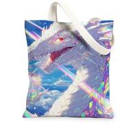 Holographic Dragon Canvas Tote Bags, Fantasy Creature Pattern Reusable Bags, Lightweight Washable Shoulder Strap for Travel, White, 13x15 Inch