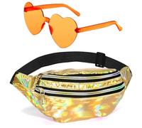 Holographic Fanny Packs for Women Men,Heart Sunglasses,80s 90s Fanny Pack,Crossbody Fanny Packs for Women, gold,orange, 12.6 x 3.5 x 5.7 inches