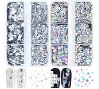 Holographic Heart & Star Nail Art Sequins,2 Boxes 12Grids Sparkling Valentine's Day Glitter Sequins,Heart Love Star Geometric Nail Glitter Manicure Design Decorations for Women Girls DIY Supplies (E)