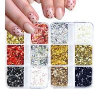 Holographic Heart & Star Nail Art Sequins,2 Boxes 12Grids Sparkling Valentine's Day Glitter Sequins,Laser Heart Love Star Nail Glitter Manicure Design Decorations for Women Girls DIY Supplies (A-)
