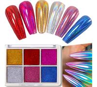 Holographic Holo Chrome Nail Powder - 6 Colours Chrome Pigment Powder for Nails, Silver Green Red Yellow Blue Metallic Iridescent Nail Glitters Powder Set DIY Nail Manicure