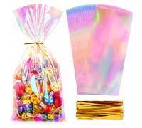 Holographic Iridescent Cellophane Treat Bags with Gold Twist Ties, 50 Pcs Clear Rainbow Candy Gift Bags, Plastic Party Sweet Packaging Bags for Birthday Wedding Halloween Favours