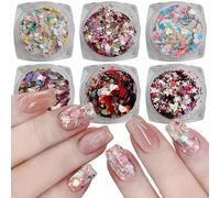 Holographic Nail Sequins, 6 Jars Stars Love Heart Nail Art Glitter Sequins Valentine's Day Nail Flakes Paillette for Festival Body Face Eyes Hair Decoration Resin Accessories DIY Crafts (Colorful)