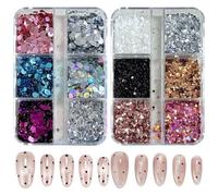 Holographic Round Nail Art Sequins,2 Boxes 12Grids Sparkling Valentine's Day Glitter Sequins,Dots Nail Glitter Manicure Design Decorations for Women Girls DIY Supplies (D)