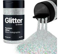 Holographic Silver Glitter Shaker, 130g Microfine Glitter, Crafts 1/256" Metallic Flake Silver Sequins, Resin & Epoxy Crafts, Decorating, Halloween, Christmas Nail, Face, Hemway