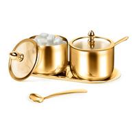 holoith 2 Pcs Coffee and Sugar Dispenser with Tray - 10 oz Sugar Bowl with Glass Lid and Spoon for Coffee Bar Accessories Kitchen Storage for Salt,Coffees Bean,Brown Sugar Cubes (Gold)