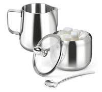 holoith Sugar and Creamer Set,Sugar Container and Milk Frothing Pitcher for Coffee Bar Stainless Steel Sugar Bowl with Lid and Spoon for Espresso Machine Accessories (Silver)