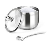 holoith Sugar Container with Glass Lid and Spoon - 10oz Stainless Steel Sugar Bowl for Coffee Bar Station Accessories Kitchen Storage for Salt, Candy, Coffee Bean (Silver)