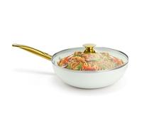 Holstein Housewares 12-Inch White Ceramic Nonstick Wok with Lid - Gold Color and Stainless-Steel Handle, Versatile Gas and Electric Stovetop Compatibility, Golden Elegance