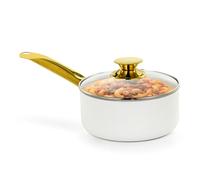 Holstein Housewares 2.5QT White Ceramic Nonstick Saucepan with Lid, Gold Color and Stainless Steel Handle, Golden Elegance