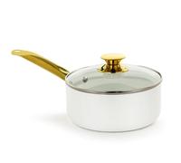 Holstein Housewares 3.5QT White Ceramic Nonstick Saucepan with Lid, Gold Color and Stainless Steel Handle, Golden Elegance