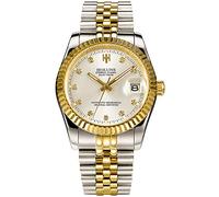 HOLUNS Mens Full Gold Watch Automatic Mechanical Gilded Steel Self-Wind Sapphire Glass Dress Waterproof Watch, Gold&Silver with White Dial, luxury