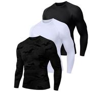 Holure 3 Pack Compression Shirts for Men Long Sleeve Mens Running Top Quick Dry Base Layer Tops for Gym Sports Fitness Workout Black/White/Camo Black-M