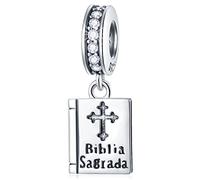 Holy Bible Book Pendant Charms Engraved Biblia Sagrada with Cross, fits Pandora Easter Bracelet, 925 Sterling Silver Dangle Prayer Biblical Beads, Gift for Auntie Niece/Christmas