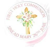 Holy Communion Cake Topper - Pink Personalised First Holy Communion Cake Decoration - 7.5" Round - Icing or Wafer (Wafer)