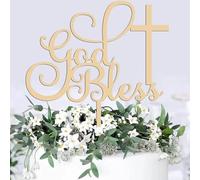 Holy Communion Cake Topper Wooden - God Bless Cross Cake Decoration for Baptism, First Communion & Religious Celebration - Reusable Non-Edible Cake Decor