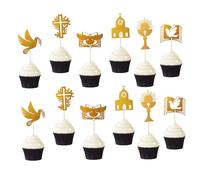 Holy Communion Decorations 24 Pieces, First Holy Communion Cake Topper Set with Cross Chalice Bible Dove, Gold Glitter Non-Edible Cardstock Cake Decorations for Dessert Table Party Supplies