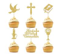 Holy Communion Decorations, First Holy Communion Cake Topper Gold Glitter - 12 Piece Set of Non-Edible Cupcake Toppers with Cross, Bible, Dove for Christening & Religious Party Dessert Table Décor