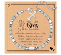 Holy Communion Gifts for Girls, Green Beaded Bracelets for Women Adjustable Cross Bracelets for Girls Her Daughter Teen, First Communion Gifts Religious Faith Jewellery Gift for Girl Christians