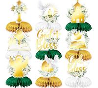 Holy Communion Table Decorations - 9PCS First Communion Decorations, Baptism Decoration,Elegant God Bless Honeycomb Centerpieces for Tables, Pink or Gold 3D Center Pieces Decoration for Table (Gold)