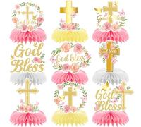 Holy Communion Table Decorations - 9PCS First Communion Decorations, Baptism Decoration,Elegant God Bless Honeycomb Centerpieces for Tables, Pink or Gold 3D Center Pieces Decoration for Table (Pink)