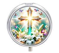 Holy Cross Lily Travel Pill Organizer with Mirror Design 3-Compartment Round Pill Box for Purse, Pocket Metal Medicine Case for Vitamins, Supplements, Portable Small Pillcase
