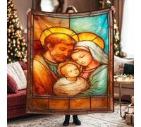 Holy Family Throw Blanket, Religious Classic Stained Glass Halo Christmas Gold Furry Fuzzy Blankets Cozy Lightweight Decorative for Couch Sofa Bed Car Chair Office Desk 60x80 Inch