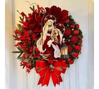 Holy Family Wreath Decorations New Lighted Scene Christmas Door Decorations Christmas Wreaths For Front Door Outdoor Christmas Wreath Home Holiday Outdoor Wreath (Red, 30CM)