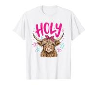 Holy Highland Cow Pink Leopard Bow Western Humor Value Graphic T-Shirt, Men, White, M