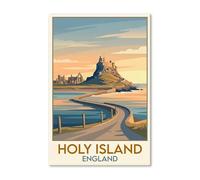 Holy Island, England - Lindisfarne Travel Poster | Tidal Causeway & Castle Giclée Print on Canvas