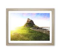 Holy Island Lindisfarne Painting Modern Art Framed Wall Art Print, Ready to Hang Picture for Living Room Bedroom Home Office Décor, Oak A3 (46 x 34 cm)