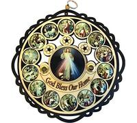 Holy Land Market Divine Mercy God bless our Home wooden wall plaque with Holy samples and Stations of the Cross Icons (11 inches diameter)