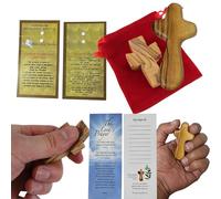 Holy Land Market Hand Carved Olive Wood Comfort Set - Made by Christian Artisans in Bethlehem - 2” Thumb & 2.5” Holding Crosses with Velvet Bag, Certificates & Prayer Cards - Authentic Holy Land Faith