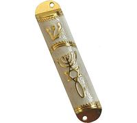 Holy Land Market Messianic Seal Mezuzah Golden case - 4.1 Inch with Scroll Included - Turquoise (White)