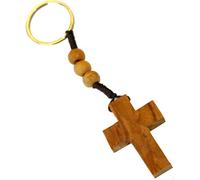 Holy Land Market Olive Wood Beads and Cross Key Chain - Cross is About 1.5 inches Long, Brown
