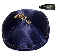 Holy Land Market Satin Kippah with Messianic Sign Embroidered, Blue With Golden Knitting, 6 5/8