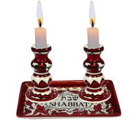 Holy Land Market Shabbat Candlestick Set - Colorful Ceramic Candlesticks with Matching Plate for Shabbat and Holidays (Red)