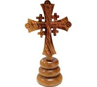 Holy Land Olive Wood Standing Jerusalem Cross Combo from Israel, Medium, Hand Carved Cross on Stand, 4.25"