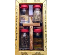Holy Land souvenir 4 bottle set with a handmade Olivewood cross. All include Holy Earth from Jerusalem, Holy Olive Oil from Bethlehem, Holy Water from the Jordan River and Incense from the Holyland