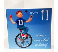 Holy Mackerel 11th birthday card for a boy - designed by artist Erica Sturla - 15cm square and blank inside for your message - made in the UK