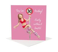 Holy Mackerel 30 today party without limits card - a female thirtieth birthday card by Erica Sturla with an image of one of her polymer clay figures - 15cm square and blank inside - made in the UK