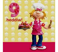 Holy Mackerel 9 Heddiw (nine today) girl's Welsh 9th birthday card featuring a child baking cupcakes - designed by artist Erica Sturla - 15cm square and blank inside for your message - made in the UK