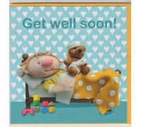Holy Mackerel a get well soon card for a little girl or boy featuring a child in bed - designed by artist Erica Sturla - 15cm square and blank inside for your message - made in the UK