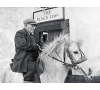 Holy Mackerel a pint at the pub retro black and white photographic card featuring a vintage image of an elderly rider having a beer on his horse - 12.6 x 17.7cm and blank inside