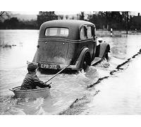 Holy Mackerel a tow through the floods retro black and white photographic card featuring a vintage image of extreme weather - 12.6 x 17.7cm and blank inside